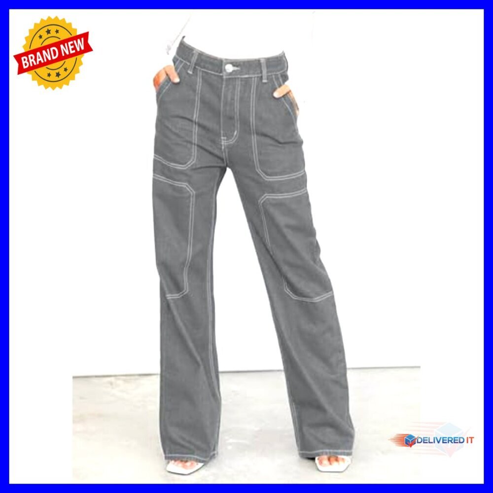 Mid Waist Cargo Jeans Stretch Button Wide Leg Denim Pants Casual Y2K - Picture 2 of 5